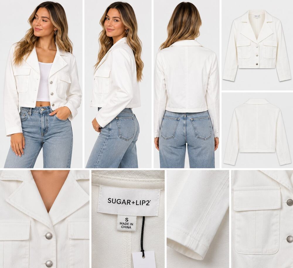 Sugar + Lips White Cropped Blazer Jacket Utility Pockets Women’s Small NWT